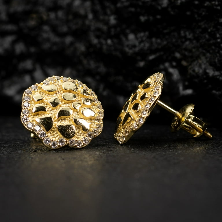 Circle 14K Yellow Gold Plated 925 Sterling Silver Round Big 90 s Hip Hop Ice Out Cz Hypoallergenic Solid Gold Nugget Stud Screw Back Post Earrings For