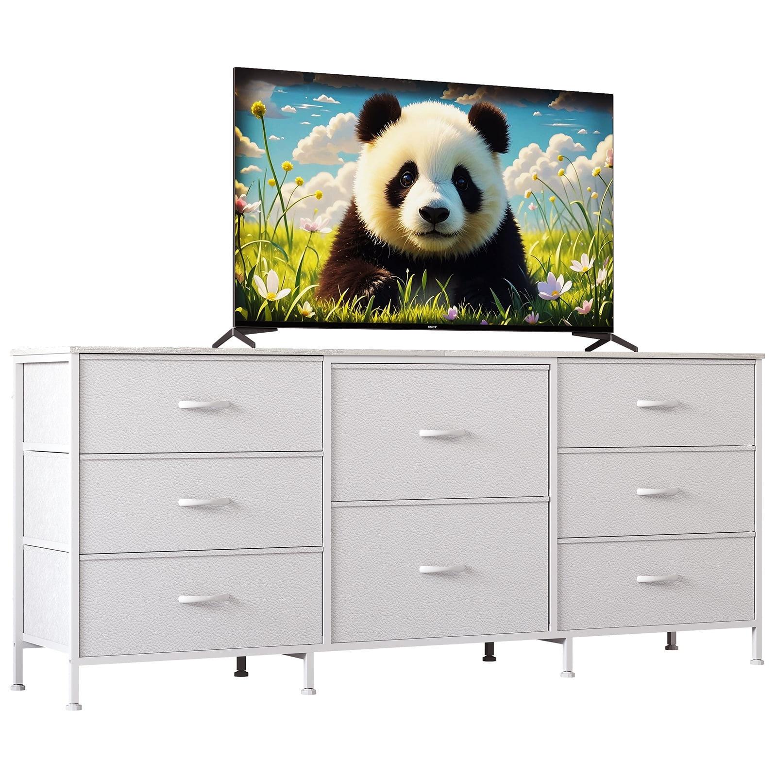 PYY 8-Drawer Fabric Dresser TV Stand for Bedroom, Living Room, Home Office - 63" Wide Storage Chest with Wooden Top, Metal Frame, Fits 65-75" TVs - Natural Wood, White