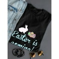 thumbnail image 3 of Easter Is Coming Bunny Egg Graphic Women Black T-Shirt, Female Medium, 3 of 4