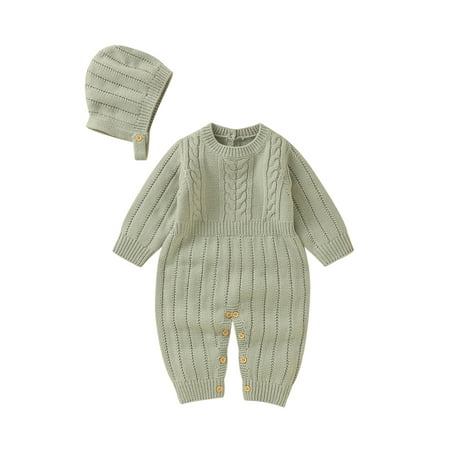 

Bagilaanoe Newborn Baby Boy Girl Fall Jumpsuit Long Sleeve Bodysuit + Hat 3M 6M 9M 12M 18M Infant Warm Knitted One Piece Romper