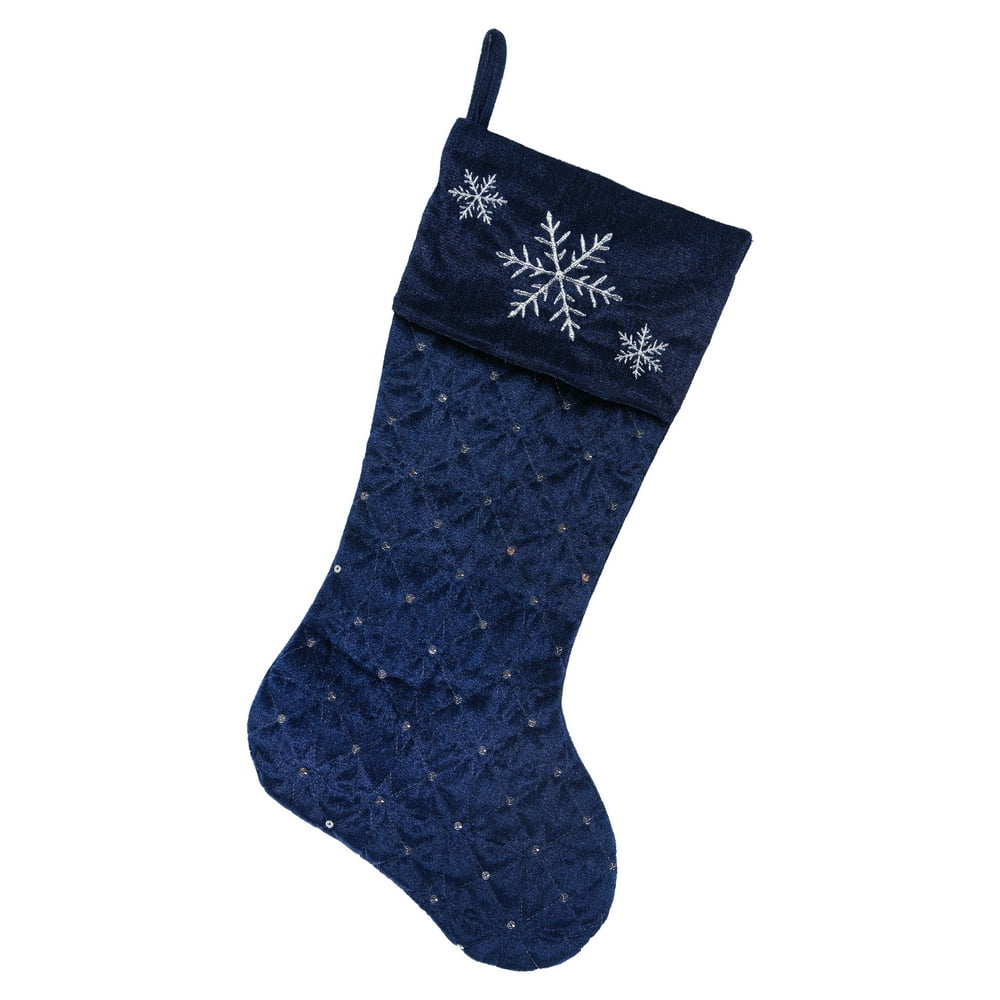 Holiday Time Quilted Velvet Stocking, Navy Blue, 20"