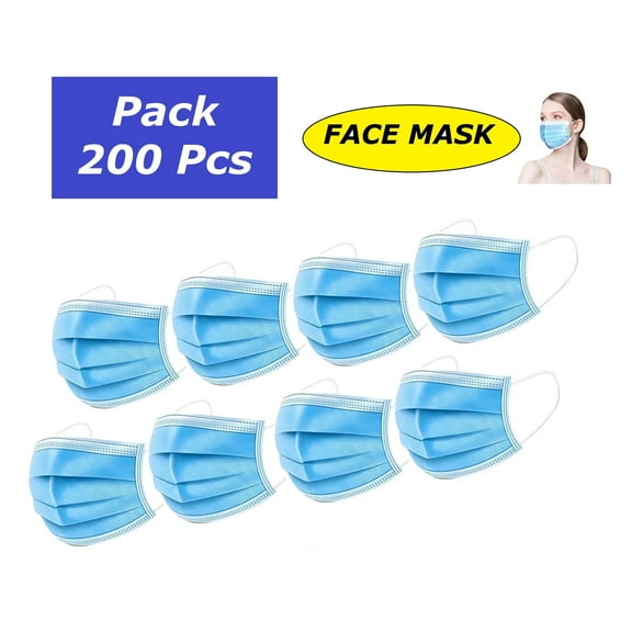 Disposable Face Mask Blue, Pack 200 Pcs (4 x 50) Protective for Adults, Comfortable, Breathable, 3-Ply Safety, Better Fit, Elastic Ear Loops, for Dust, Daily Use