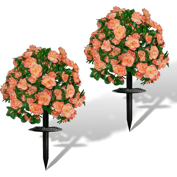 Artificial Flowers for Outdoors, Faux Outdoor Plants Fake Plants Topiary Balls Artificial Outdoor Set of 2 with Ground Spike for Home Front Porch Patio Garden Decor, Orange
