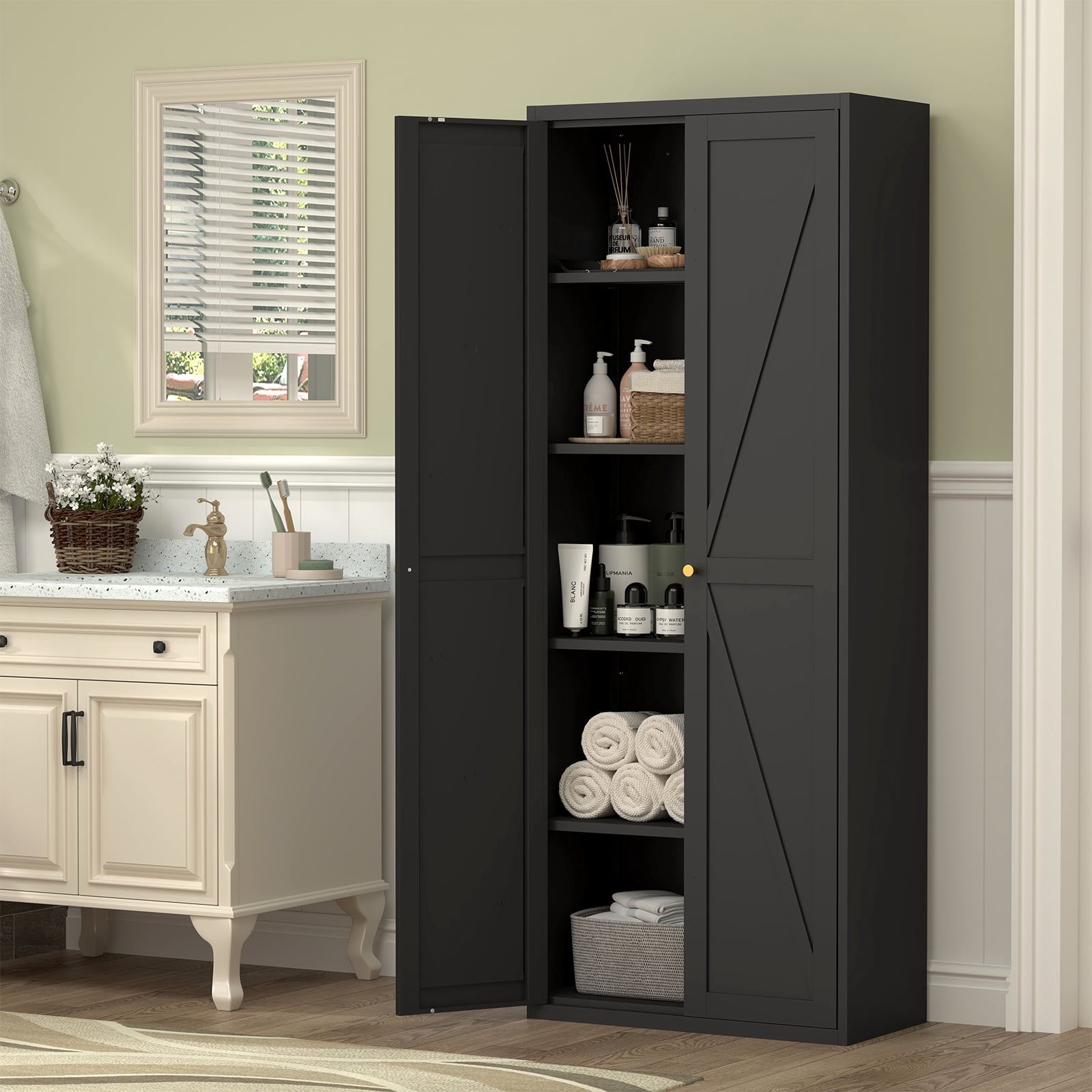 2 Doors Metal Storage Cabinet Kitchen Pantry Cabinet With Adjustable Shelves Tall Steel Cabinet Locker For Kitchen, Living Room, Dining Room and Office