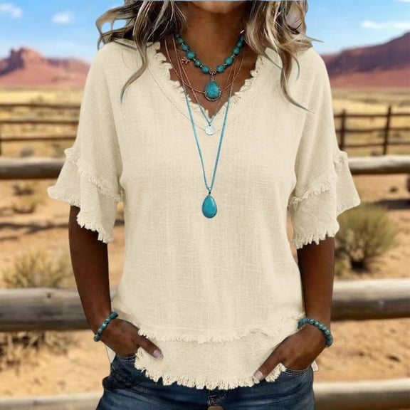 Women's Bohemian Raw Edge Cotton Linen Blend Short Sleeve Tunic Top Loose Fit Casual Blouse Summer Vacation Outfit Lightweight Everyday Wear Beige L