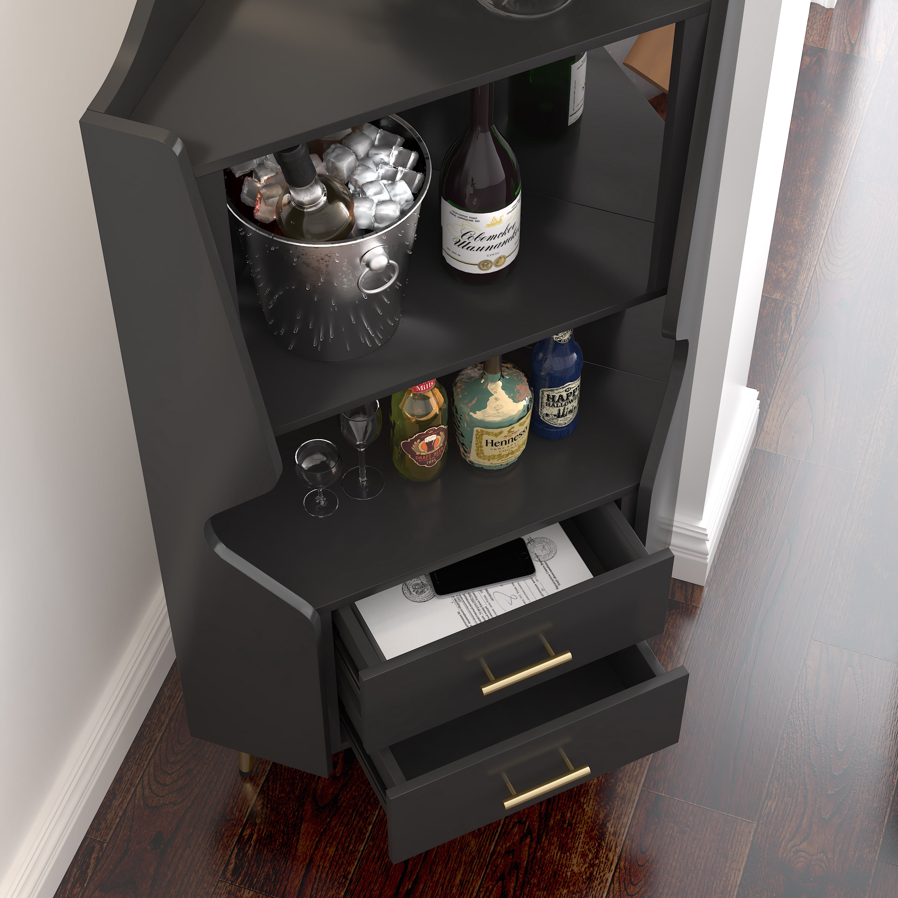Wooden Corner Bar Cabinet With 2 Open Storage Shelves And 2 Drawers, Mirrored Back Sideboard Cabinet, High Feet/Legs For Easy Cleaning, Buffet Cabinet