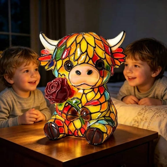Taicans Stained Glass Style Highland Cow Night Light,6in Cute Cow Table Lamp with Rose,USB Powered LED Animal Lamp for Bedroom,Farmhouse Decor,Valentine Christmas Gifts for Cow Lovers