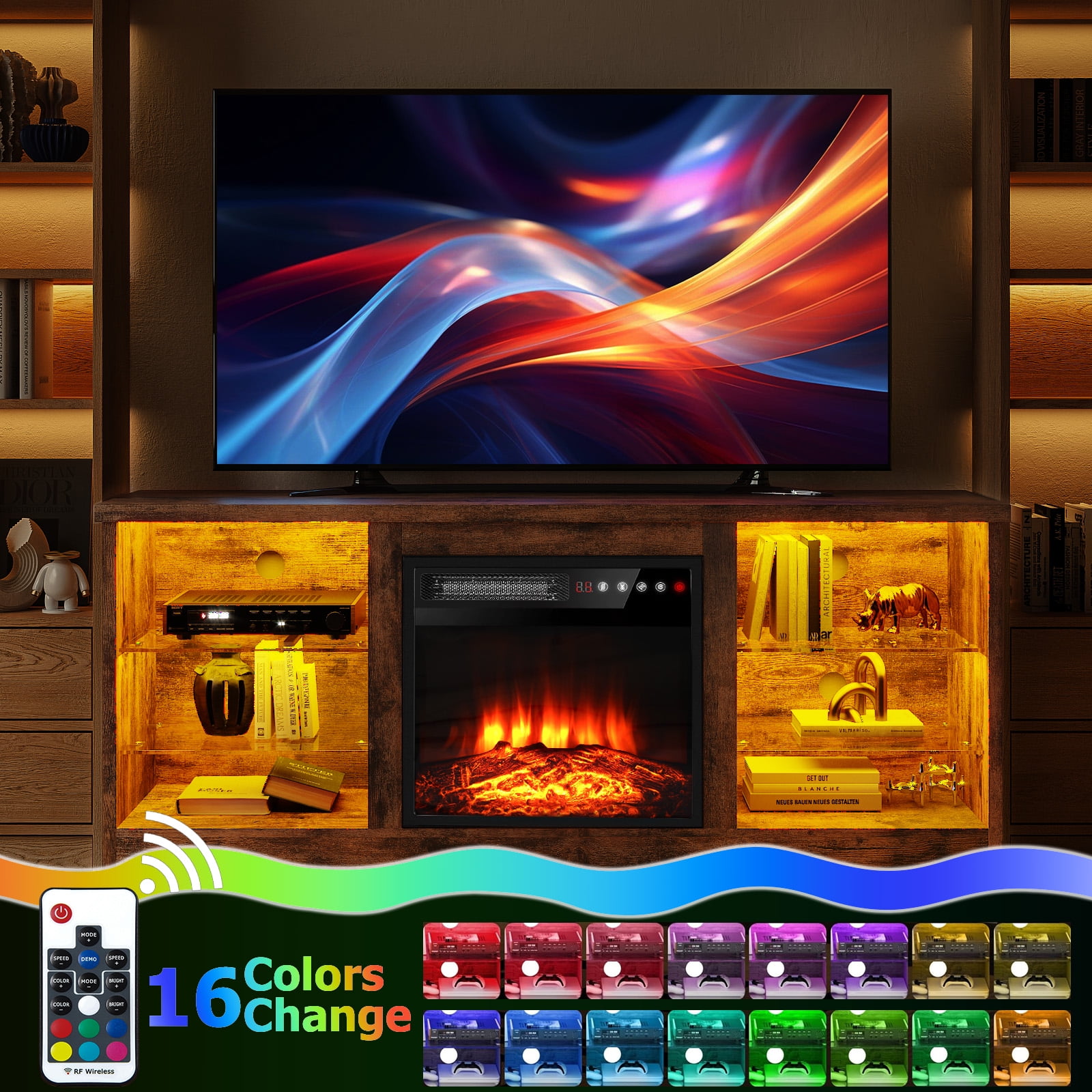 BOSSIN 58" Fireplace TV Stand for TVs up to 65 inch Console with 18'' Electric Fireplace & Remote, Wooden Modern Entertainment Center for Living Room with LED Light Glass Shelves