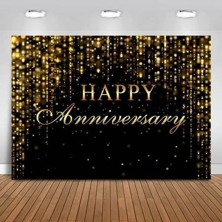 Image of Happy Anniversary Backdrop Black Gold Anniversary Background Wedding Anniversary Party Cake Table Decoration Photo Booth Props (7x5ft)