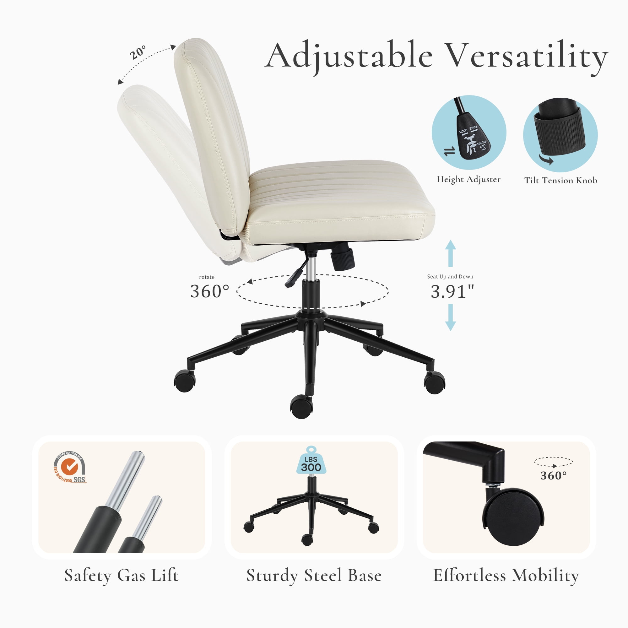 Armless Criss Cross Legged Office Chair, Desk Chair With Wheels, PU Leather, Beige