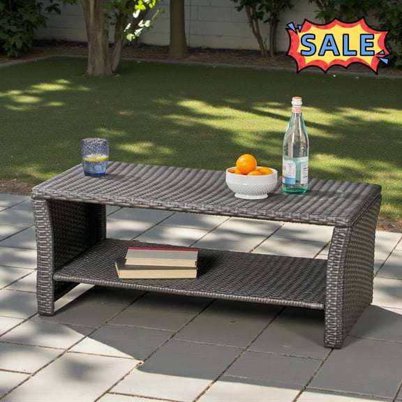 Tcbosik Outdoor Coffee Table, 2-Tier Rattan Table with Storage Shelf, Accent Table for Deck, Porch, Garden, Balcony, Easy Assembly, Grey
