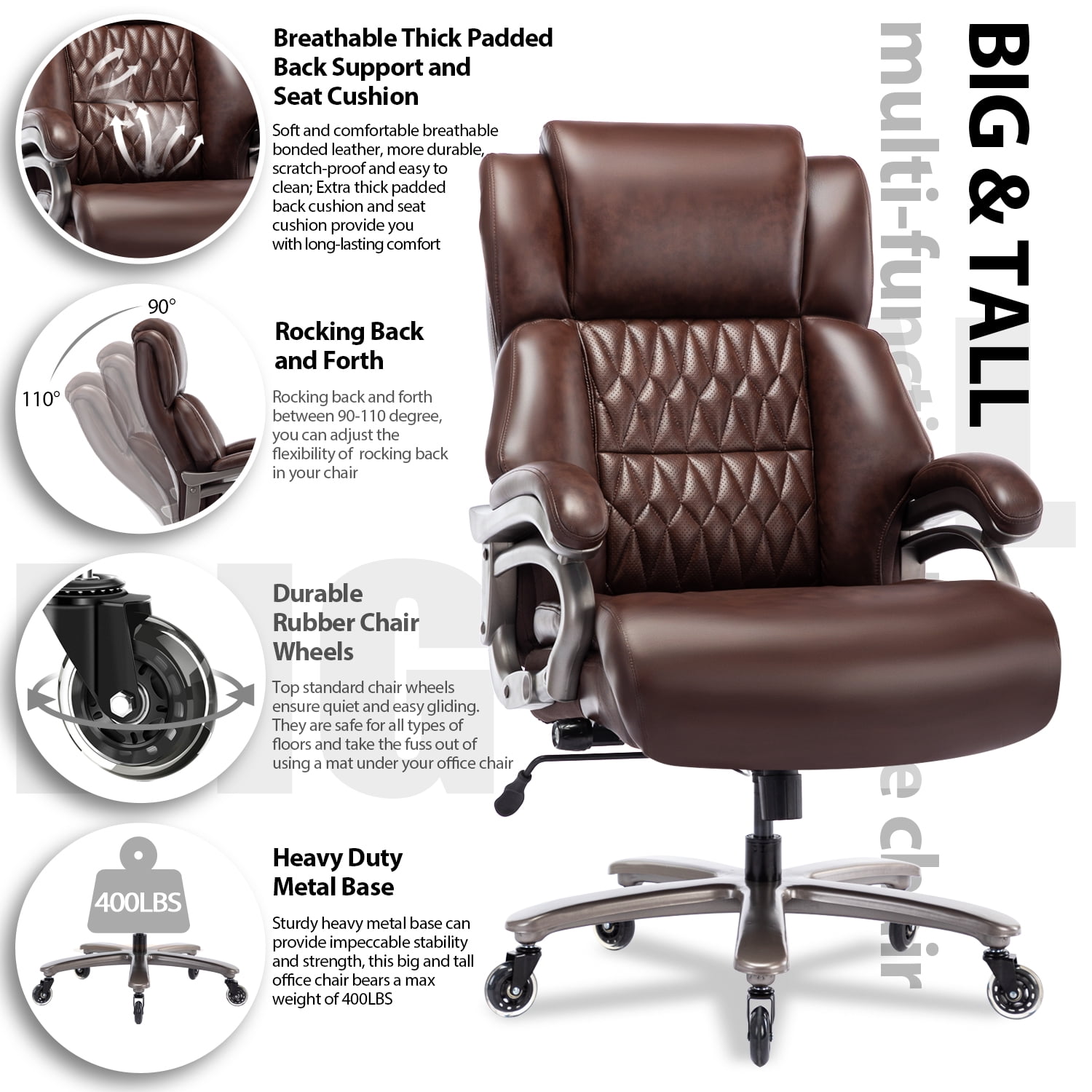 Big and Tall Office Chair 400lbs, Ergonomic Computer Desk Chair with Adjustable Lumbar Support, Quiet Rubber Wheel, High Back Thick Padded Executive Office Chair, Brown