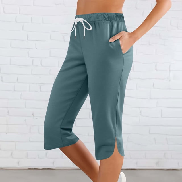 Miqool Women Solid Color Elastic Waist Sports Casual Capris Pants With Side Pockets