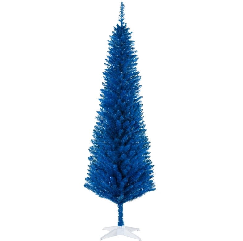 6ft Unlit Blue Pencil Christmas Tree 390 Tips Easy Assembly Plastic Base Small Space Holiday Decor