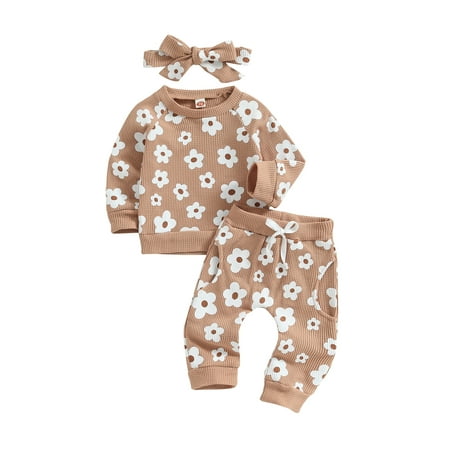 

Baby Girl Clothes Waffle Knit Floral Pullover Sweatshirt Long Sleeve Shirt Top Pants Fall Winter Outfit Set