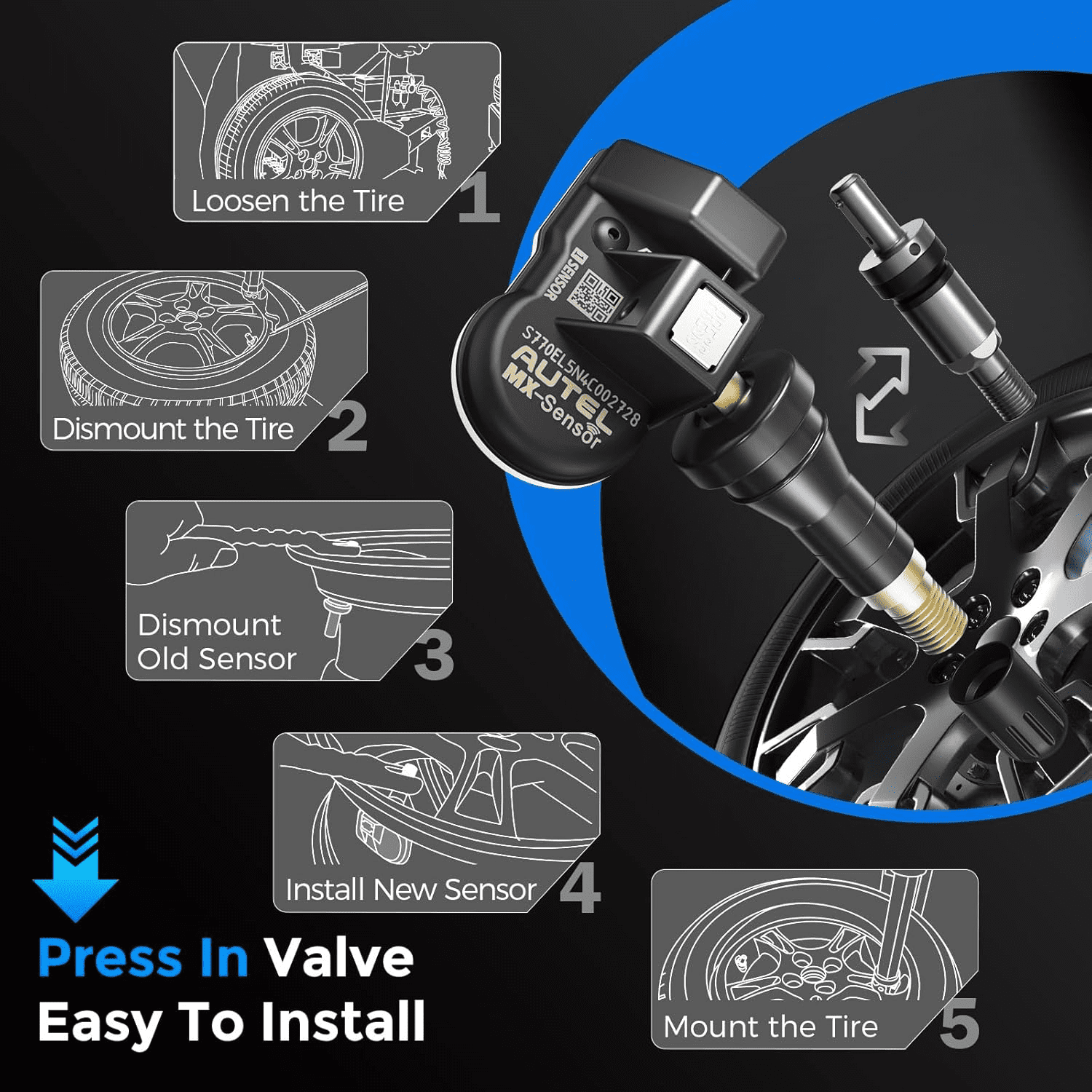 Autel MaxiTPMS MX Sensor 4pcs Rubber Stem TPMS Sensor 315MHz/433MHz Universal Tire Replacement Sensor