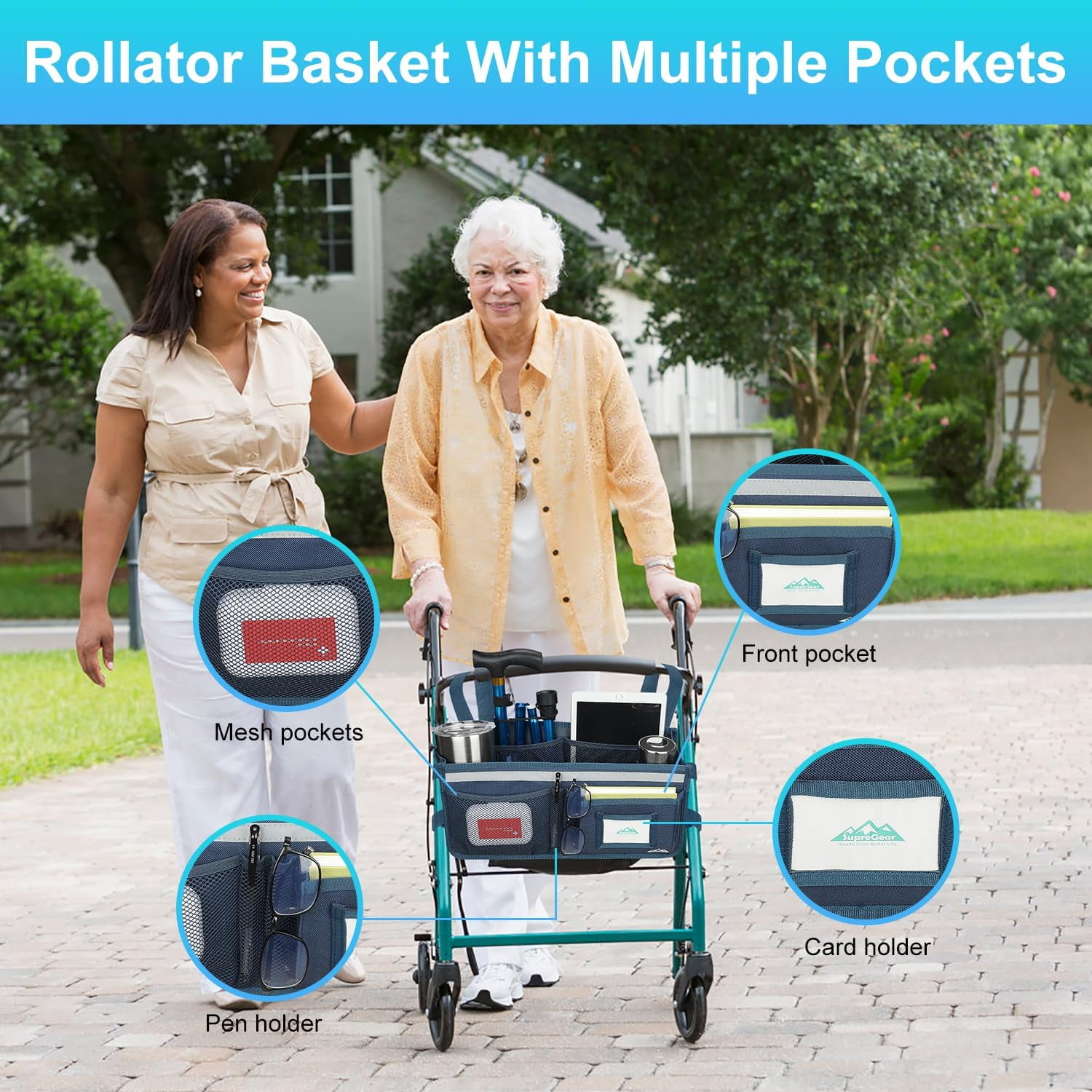 SupreGear Rollator Basket Bag, Foldable Waterproof Storage Pouch with Cup Holder for Rollator, Dark Blue