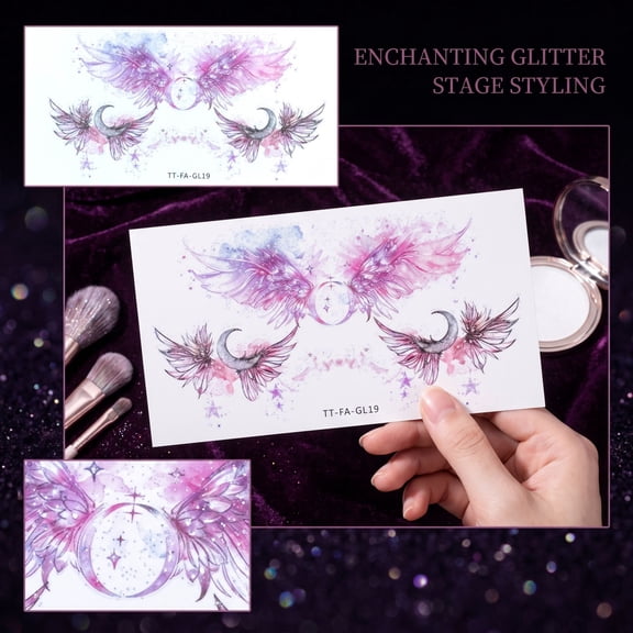 Temporary Tattoo, Glitter Celestial Body, Winged Fantasy Art Design, Purple and Pink for Women, Rave Festival Party Makeup Accessory, Birthday Gift for Adults, 1 Pack