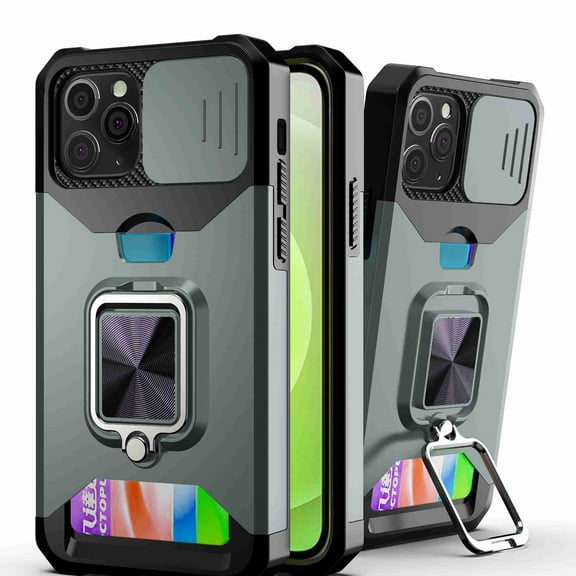 Dteck for iPhone 11 Pro 5.8" Case with Camera Cover & Kickstand, Slide Lens Protection 360° Rotate Ring Stand, Impact-Resistant, Shockproof, Protective Bumper, Darkgreen