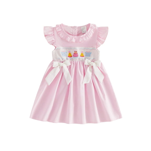 Cjfdfy Toddler Baby Girl Birthday Dress 1 2 3 4 5 Years Birthday Girl Outfit Baby Girls Summer Pink Smocked Dress Cake Letters Embroidered Ruffled Trim Crew Neck Flying Sleeve A Line Dress