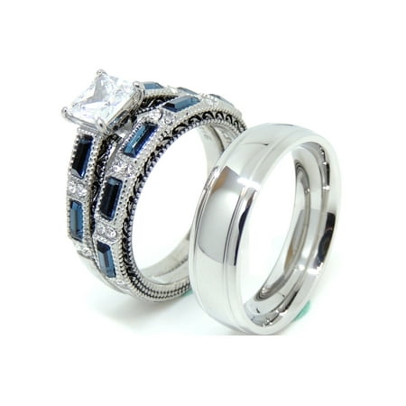 Lanyjewelry Rings Set Womens Blue And Clear Cz Wedding Ring Lanyjewelry Rings Set Womens Blue And Clear Cz Wedding Ring Mens Engagement Band Size W8m8