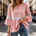 thumbnail image 4 of Lenpel 3/4 Length Sleeve Womens Tops Cotton Linen Crew Neck Fashion Peplum Blouses Casual Loose Eyelet Lace Patchwork Shirts Fall Clothes, 4 of 7