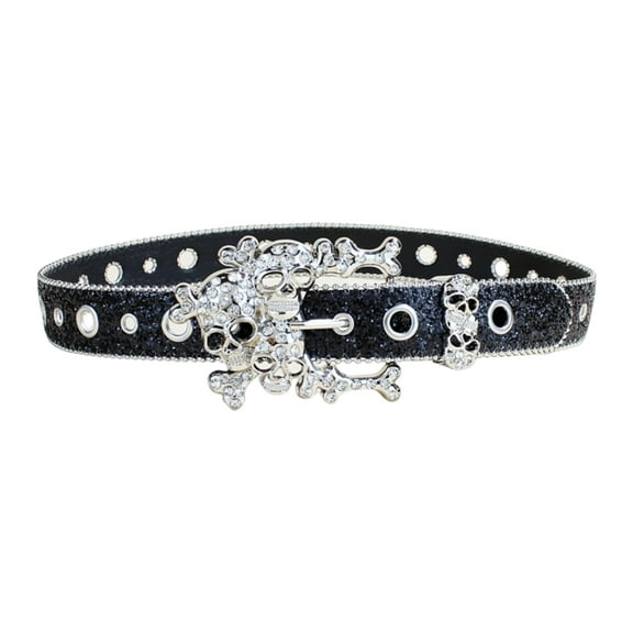 GRABLOOM Women Rhinestones Skull Buckle Belt for Jeans and Dresses Punk Styles PU Leather Glittering Sequined Waist Accessories