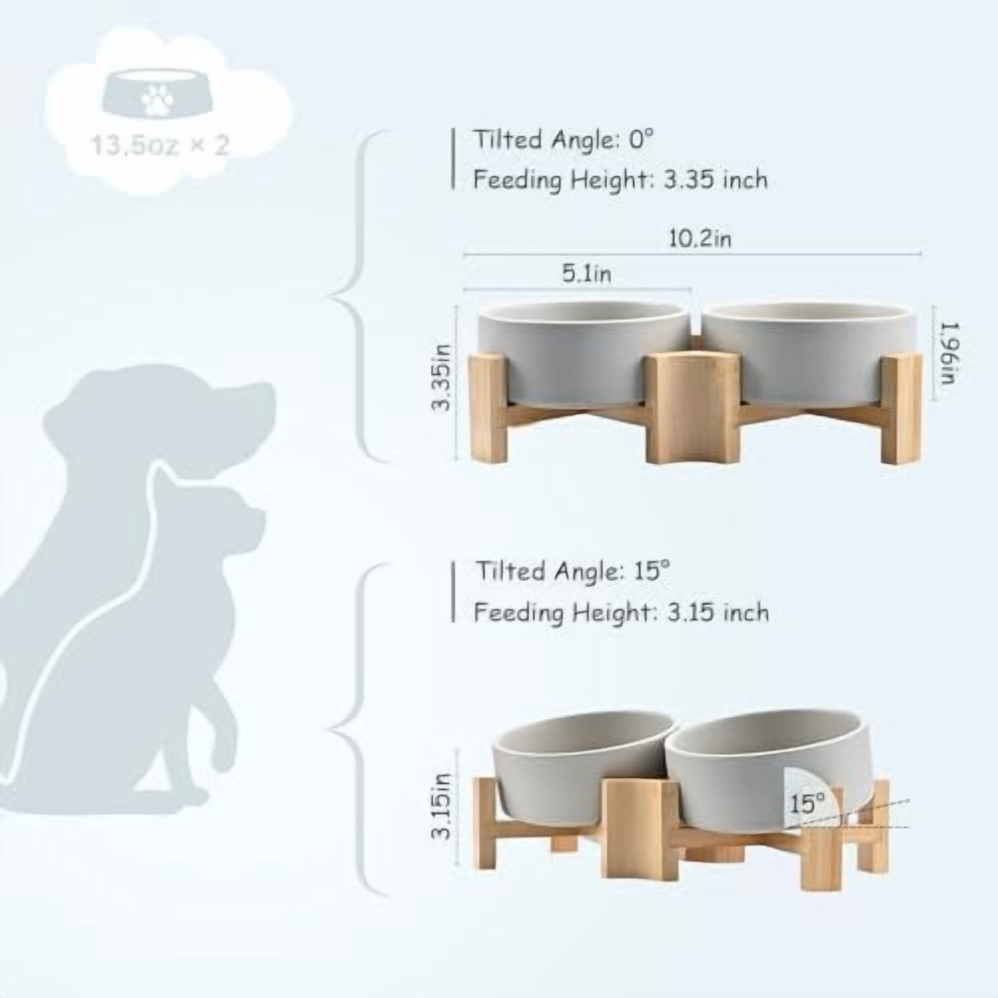 15° Slanted Ceramic Dog and Cat Bowl with Wooden Stand, Tilted Bulldog Food and Water Bowl No Slip Non-Spill for Cats Medium Dogs Big Face Pets 13.5 OZ (1.7 Cups, Grey × 2)