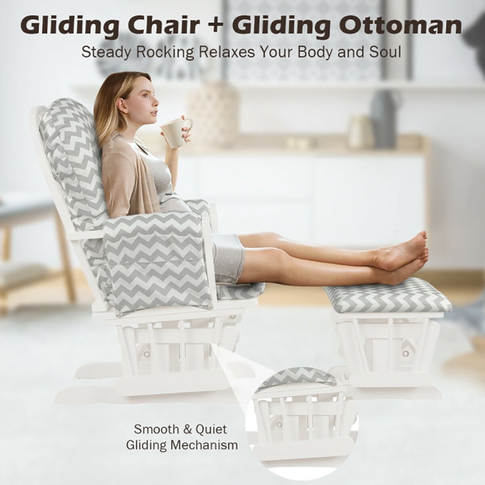 Finihen Glider and Ottoman Cushion Set, Wooden Rocking Nursery Chair with Cushioned Armrests Detachable Cushion, Upholstered Glider with Nursing Ottoman, for Napping, Nursing, Reading, Gray and White Finihen Glider and Ottoman Cushion Set, Wooden Rocking Nursery Chair with Cushioned Armrests Detachable Cushion, Upholstered Glider with Nursing Ottoman, for Napping, Nursing, Reading, Gray and White