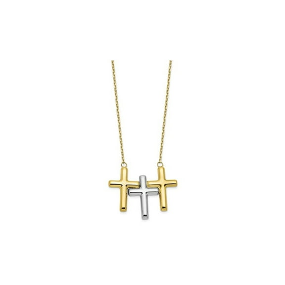 10K Yellow and White Gold Polished 3-Cross Necklace