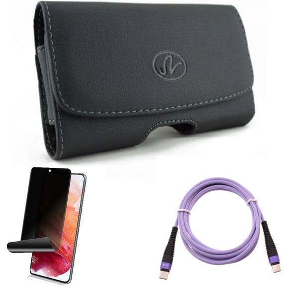 Case Belt Clip w Privacy Screen Protector w Purple 6ft PD Cable for Samsung Galaxy S21 Plus - Leather Swivel, TPU Film Fingerprint Works, Type-C to USB-C Long Charger Cord Accessory Bundle