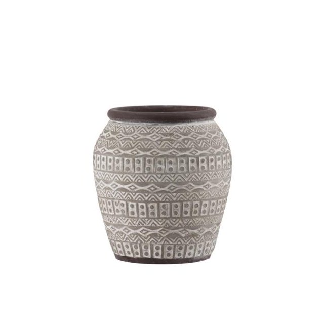 Benjara BM208733 Round Cement Vase with Tribal Pattern & Brown Rim, Gray - Medium