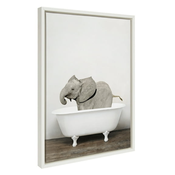 Kate and Laurel Sylvie Baby Elephant in the Tub Color Framed Canvas Wall Art by Amy Peterson Art Studio, 18x24 White, Modern Fun Decorative Bathtub Wall Art for Home Décor