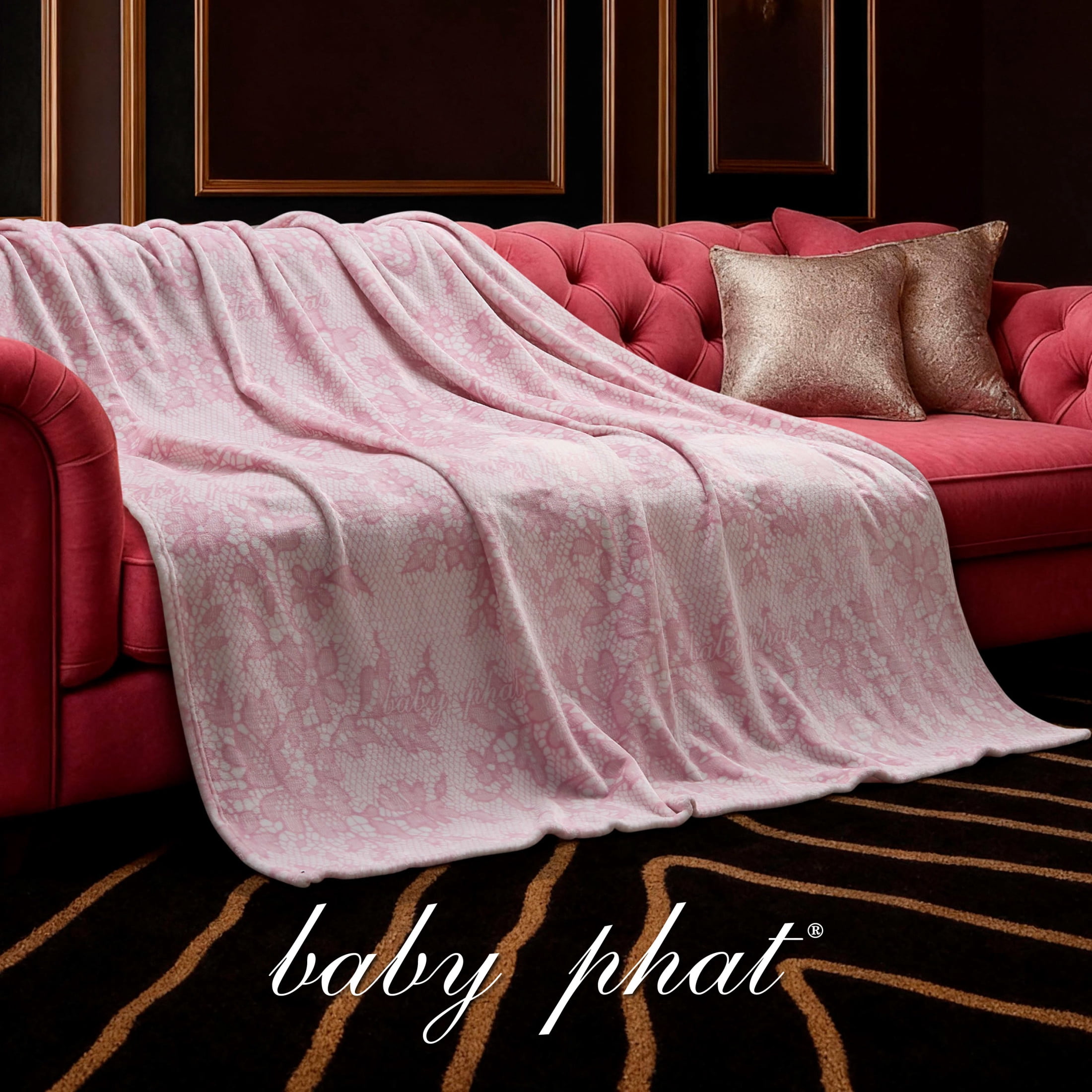 Baby Phat Oversized Plush Throw Blanket 60" x 70", Script Lace Pink