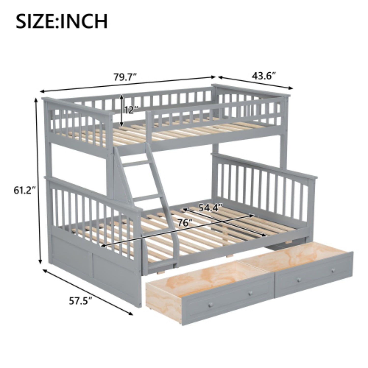 Twin Over Full Bunk Bed with Storage Drawers, Convertible Wood Bunk Bed Frame with Safety Guardrails, Solid Pine Wood Kids Bed for Bedroom, Gray