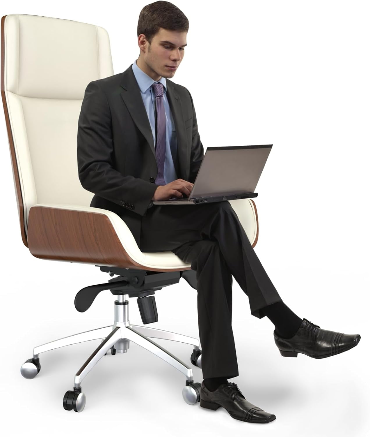 FOH Luxury Wooden Swivel and Adjustable Executive Chair, Wide Pu Leather Office Chair, Modern and Vintage Design High Back Computer Desk Chair for Conference Rooms and Home Offices