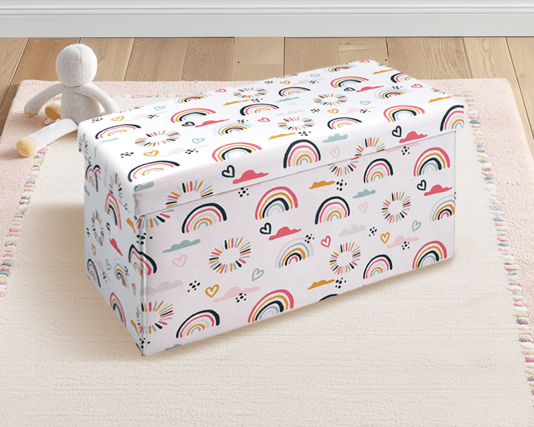 Kvell Kids Foldable Collapsible Toy Storage Chest, Rainbow and Heart Design