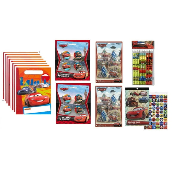 Disney Cars Birthday Party Supplies Bundle includes 8 Loot Bags, 8 Maze Games, 4 Sticker Pad with over 150 Stickers, 8 Erasers, 12 Pencils