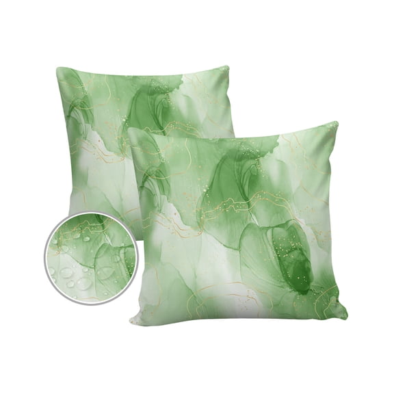Pack of 2 Outdoor Pillow Covers, Green Marble Golden Lines Modern Ombre Abstract Waterproof Square Throw Pillowcase Cushion Decorative Pillow Covers for Couch Patio Tent, 16x16 in