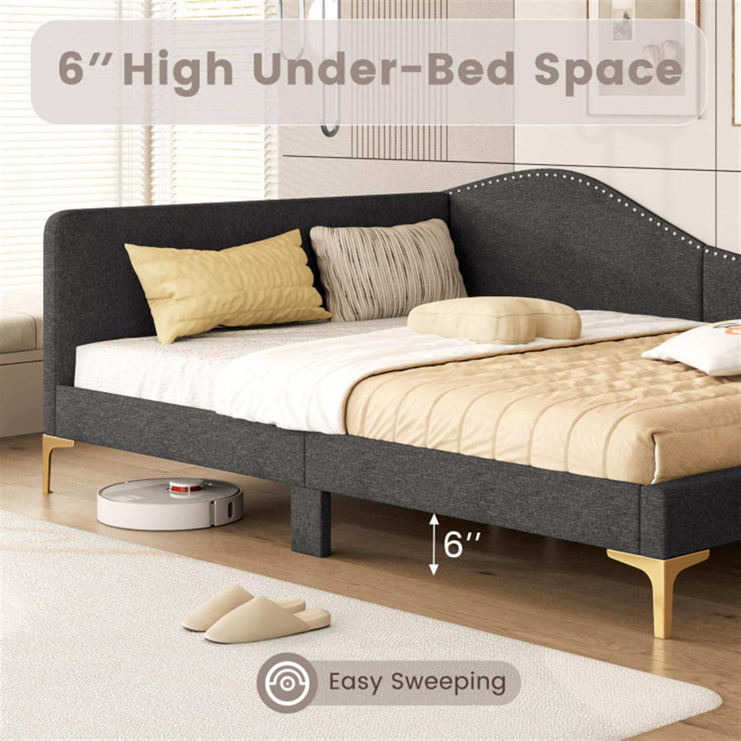 Demi Bonn Full Size Rivet-Tufted Daybed with Metal Legs and Wood Slats, Platform Bed Frame for Living Room, Bedroom and Guest Room, Gray