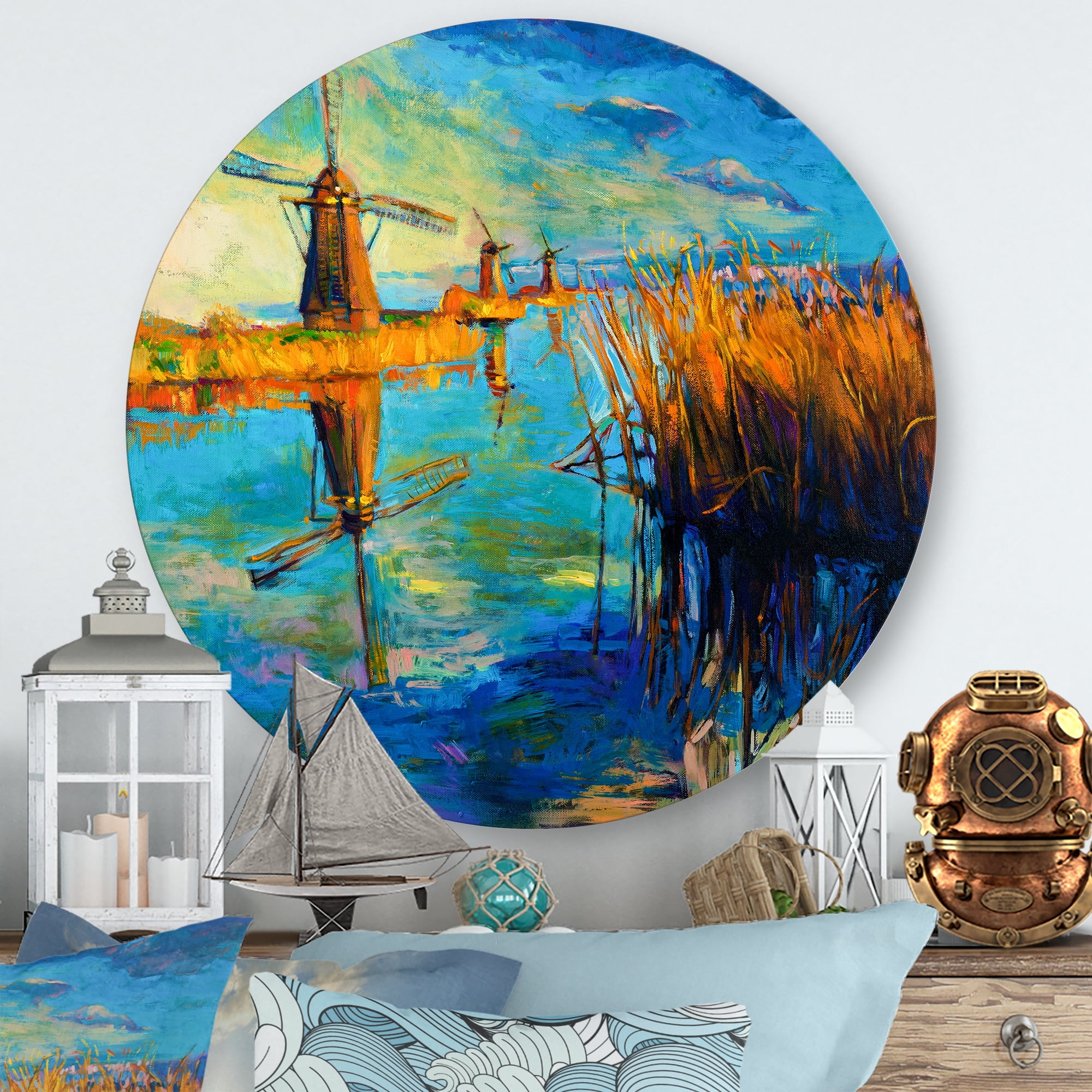 The Deep Blue Lake And Windmills 11 in x 11 in Painting Art Prints, by Designart