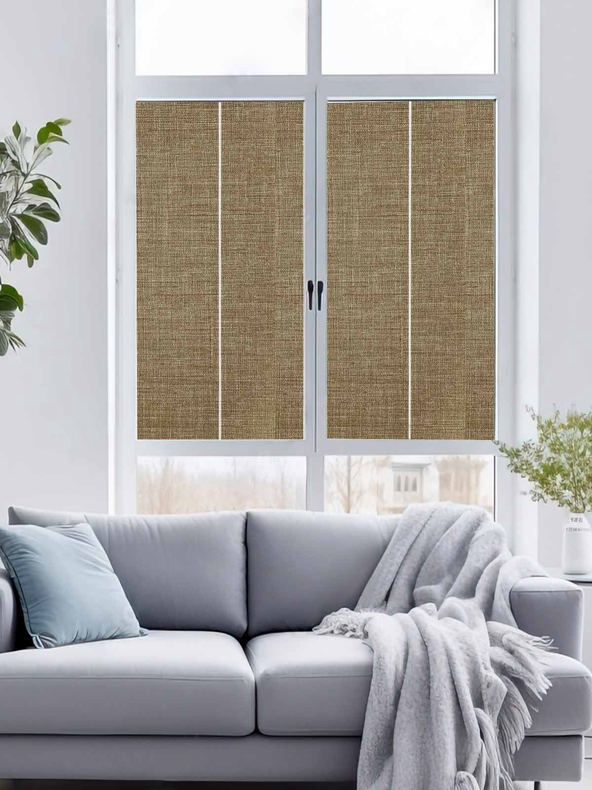 Static Cling Door Window Covering, Brown Window Privacy Film Frosted, Farmhouse Burlap Solid Beige Color Modern Linen Texture UV Blocking Windows Film for Office, Hotel, Bedroom, 29.5 x 78.7 Inches
