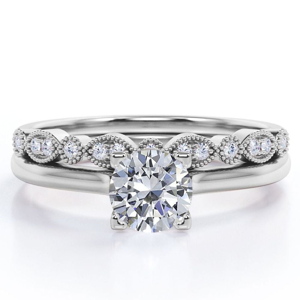 JeenMata Prong 1.25 Carat Round Cut Milgrain Filigree Decorative Bridal Set 18K White Gold Plating over Silver (CUSTOMIZE YOUR WEDDING RING BAND)