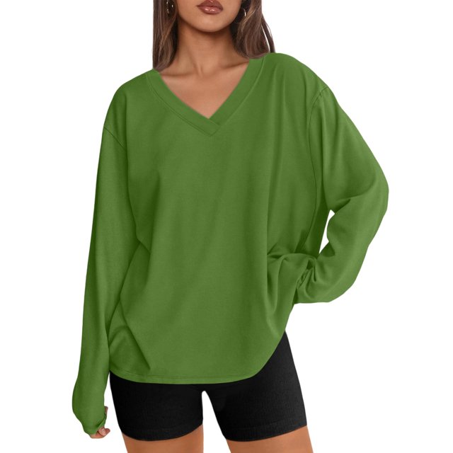Oversized Sweatshirt Women, V-Neck Long Sleeve Pullover Tee Tops, Casual Loose Solid Color Stretch Fall Shirt