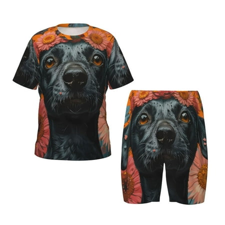 Salouo Sunflower Black Dog Pattern Short-Sleeved Pajamas Set for Children Kid s Summer Short Set Round Neck Pjs Set 2pcs Toddler Clothes Fit for Boys Girls-4X-Large