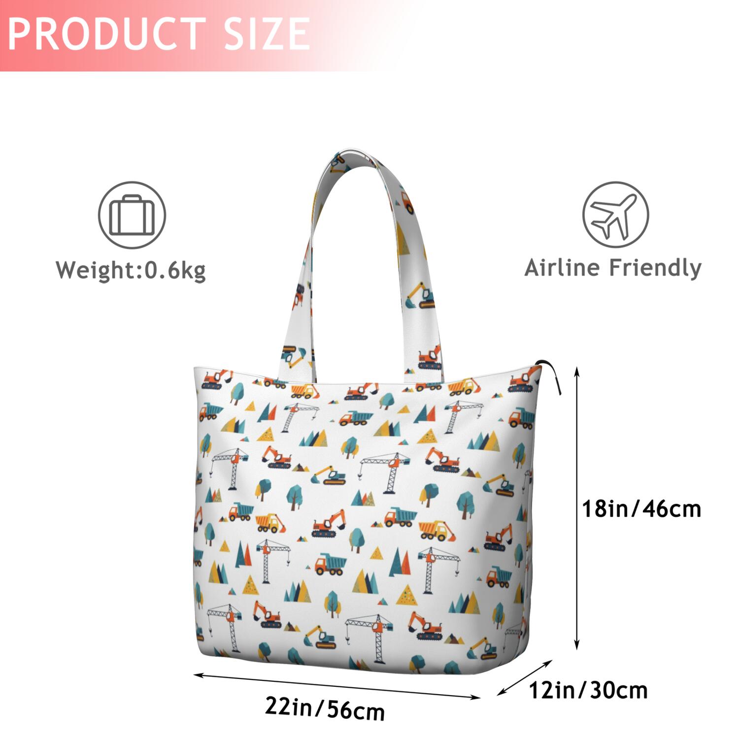 Cartoon Construction Vehicles Mountains Travel Tote Bags for Women Carry On,Large Weekender Bags for Women Travel,Multi Functional Duffle Bag for Work,Shopping,Sports