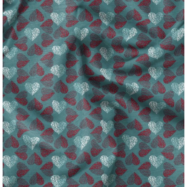 Soimoi Green polyester Crepe Fabric Red Heart Print Sewing Fabric Yard 52 Inch Wide