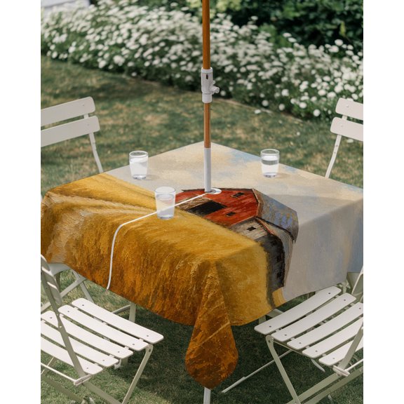 Outdoor Tablecloth with Umbrella Hole, Farmhouse Golden Wheat Field Zippered Table Cloth for Rectangle Tables, Rustic Vintage Red Barn Washable Waterproof Tablecloths for Picnic Patio Garden
