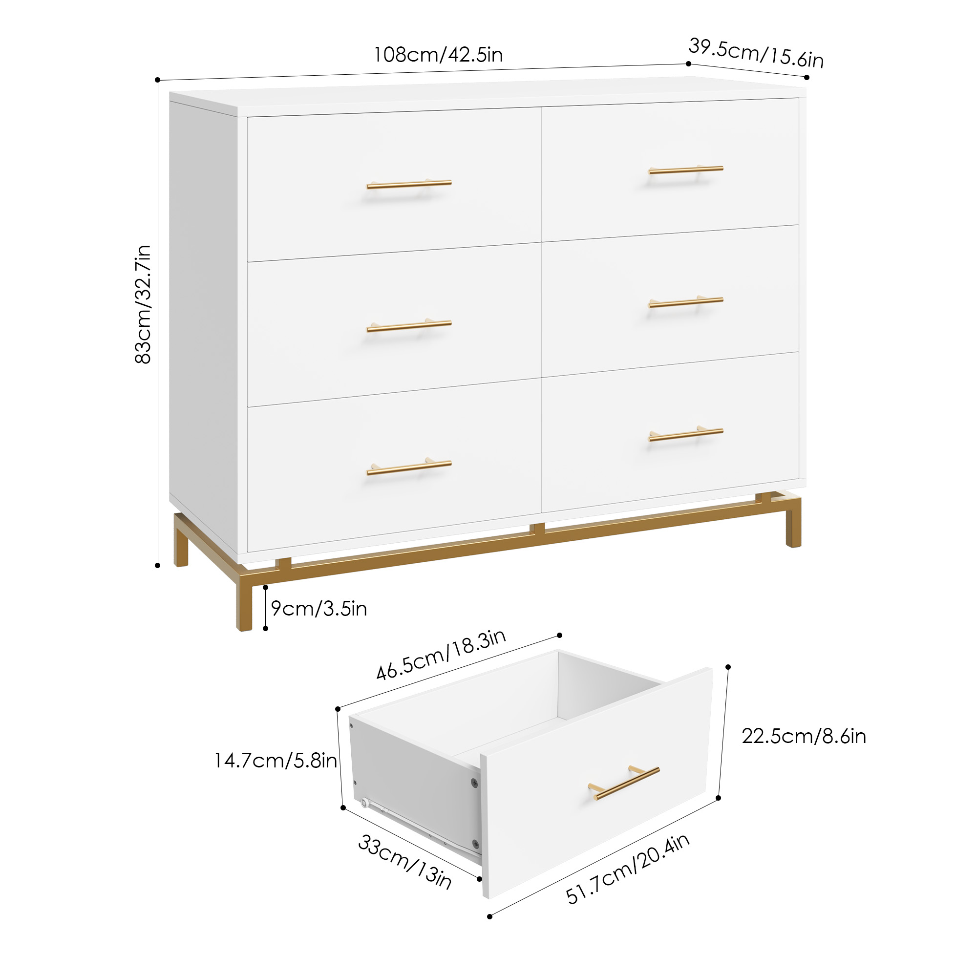 Homfa 6 Drawer White Double Dresser, 42.5'' Bedroom Dresser, Modern