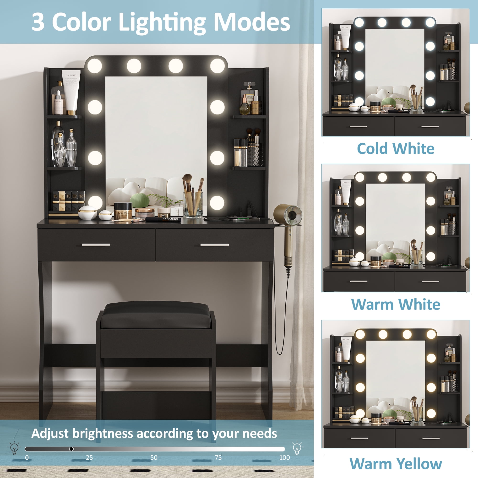 Vabches Vanity Set with Lighted Mirror & Power Outlet Makeup Table with 2 Large Drawers, Black